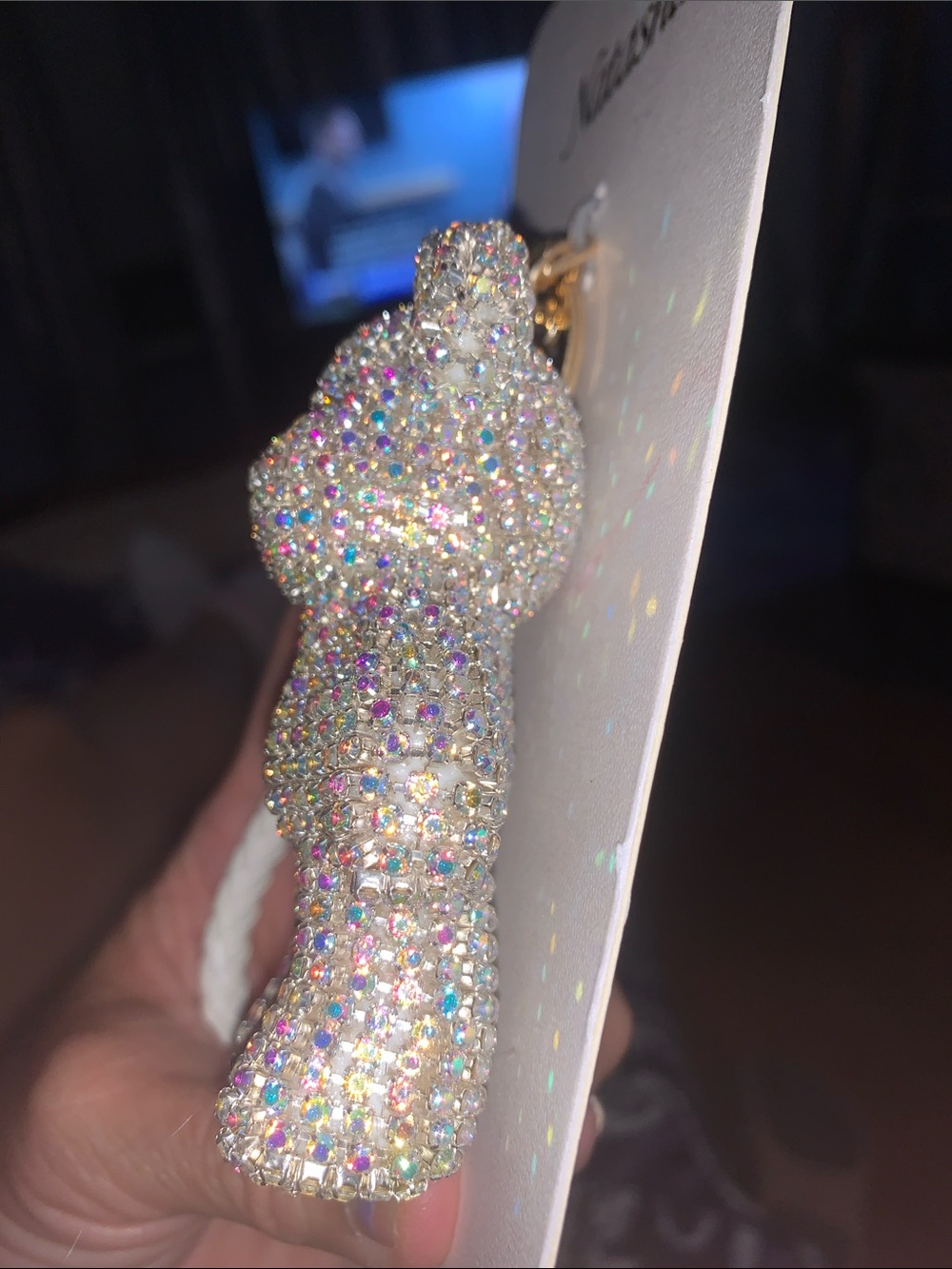 Natasha Couture Iridescent Crystal Bear Purse Charm with White Strap - Picture 7 of 10